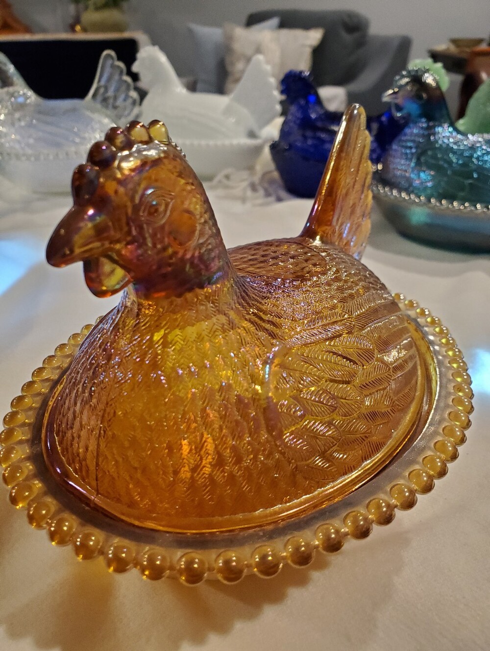 Indiana Glass Beaded Edge Marigold Golden Carnival Hen On Nest Candy - Picture 3 of 10